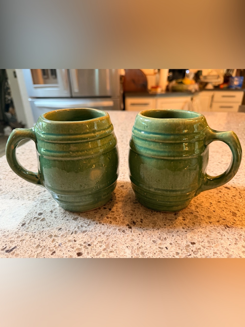 Vintage McCoy green glazed ceramic barrel mugs